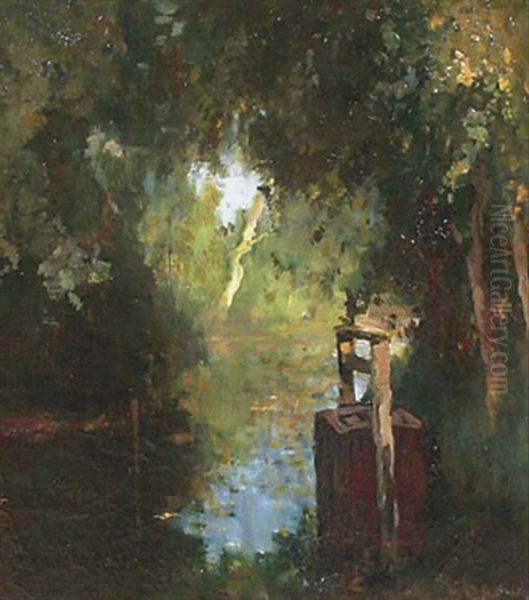 Vischkaar: A Pond In Summer Oil Painting by Jacob Ritsema