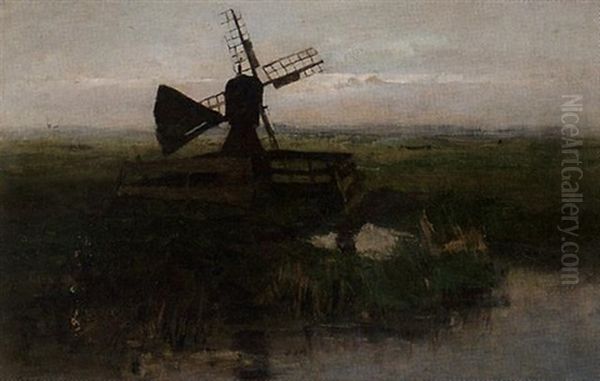 A Windmill In A Polder Landscape Oil Painting by Jacob Ritsema