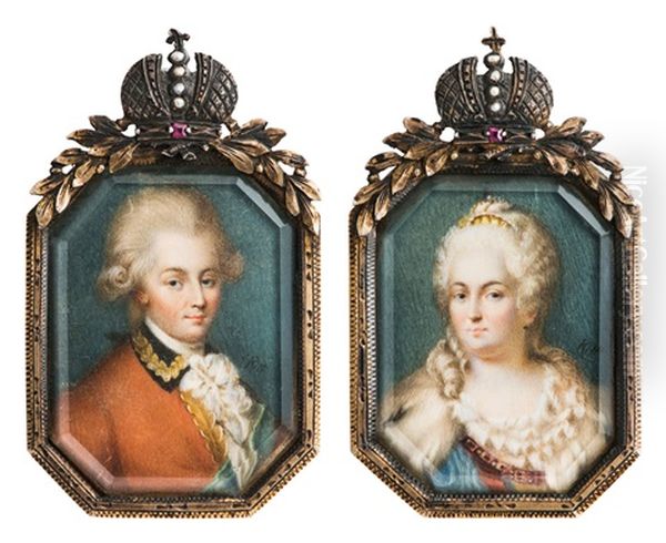 Two Miniature Portraits, Probably Maria Fjodorowna (1759 - 1828), Tsarina Of Russia, Nee Sophie Dorothee Auguste Luise Princess Of Wurttemberg, And A Nobleman Oil Painting by Augustin Ritt