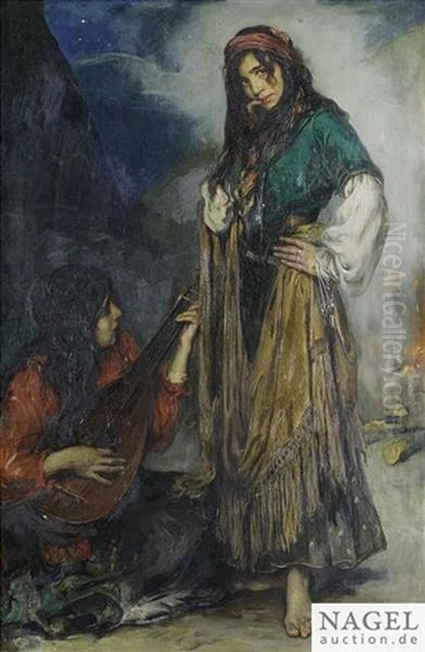 Two Gypsy Girls At A Fireplace Oil Painting by Caspar Ritter