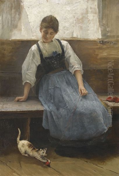 Sitzende Trachtenfrau Mit Katzchen Oil Painting by Caspar Ritter