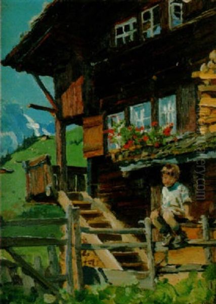 Junger Knabe Vor Einem Holzchalet Oil Painting by Caspar Ritter