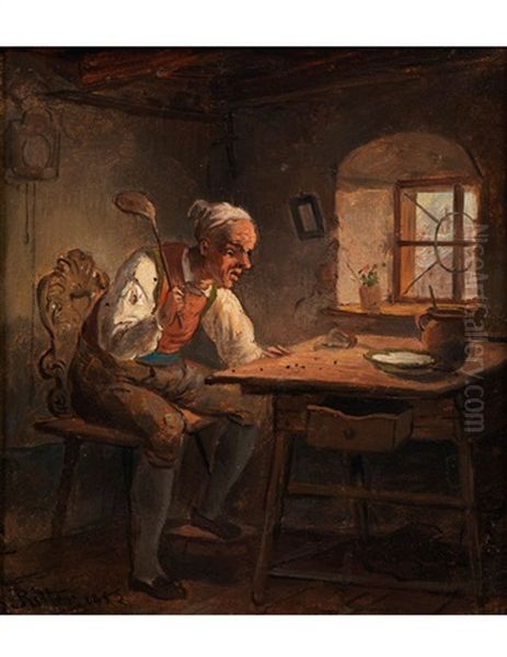 Bauer Mit Einer Fliegenklatsche Am Esstisch Oil Painting by Eduard Ritter