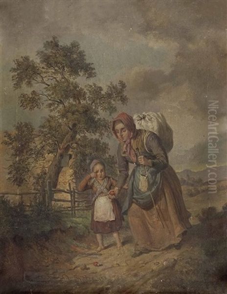 Mutter Und Weinende Tochter Auf Dem Langen Heimweg Oil Painting by Eduard Ritter