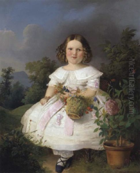 Portrait Eines Madchen Mit Blumenkorb Vor Einer Landschaft Oil Painting by Eduard Ritter