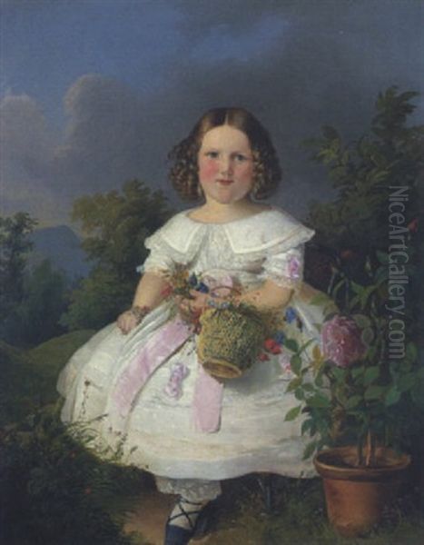 Kleines Madchen Mit Einem Blumenkorb Oil Painting by Eduard Ritter