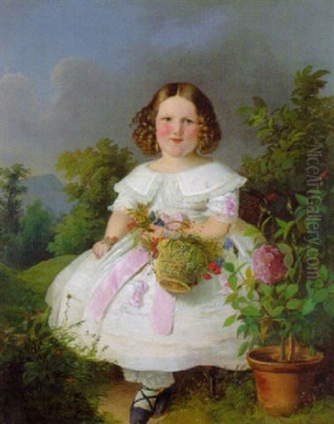 Kleines Madchen Mit Einem Blumenkorb Vor Waldlandschaft Oil Painting by Eduard Ritter