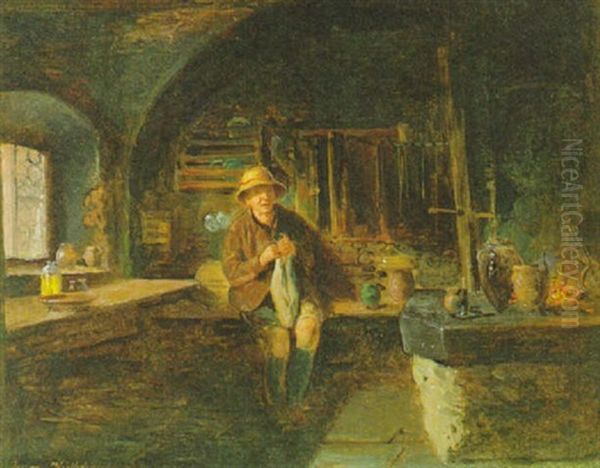 Strickender Bauer Im Tauernwirtshaus Oil Painting by Eduard Ritter