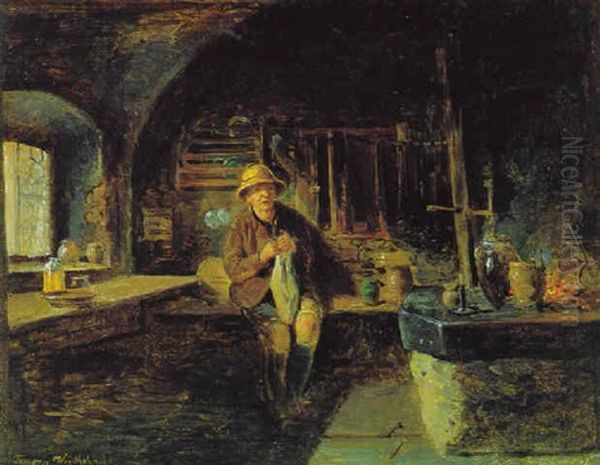 Strickender Bauer Im Tauernwirtshaus Oil Painting by Eduard Ritter