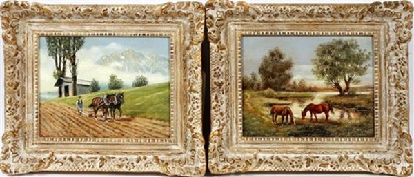 Austrian Landscape With Horses (pair) Oil Painting by Rudolf Ritter