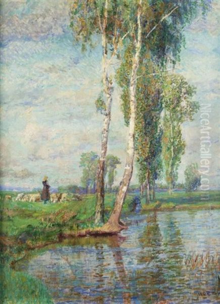 Hirtin Am Ufer Oil Painting by Wilhelm Georg Ritter