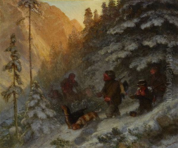 Winterjagd In Appenzell Innerrhoden Oil Painting by Gottlieb Emil Rittmeyer