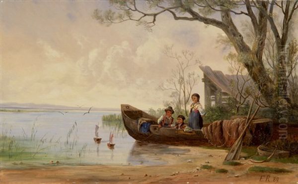 Kinder In Einem Ruderboot, Mit Schiffchen Spielend Oil Painting by Gottlieb Emil Rittmeyer