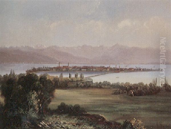 Blick Auf Die Inselstadt Lindau Vom Hoyerberg Aus Gesehen Oil Painting by Gottlieb Emil Rittmeyer