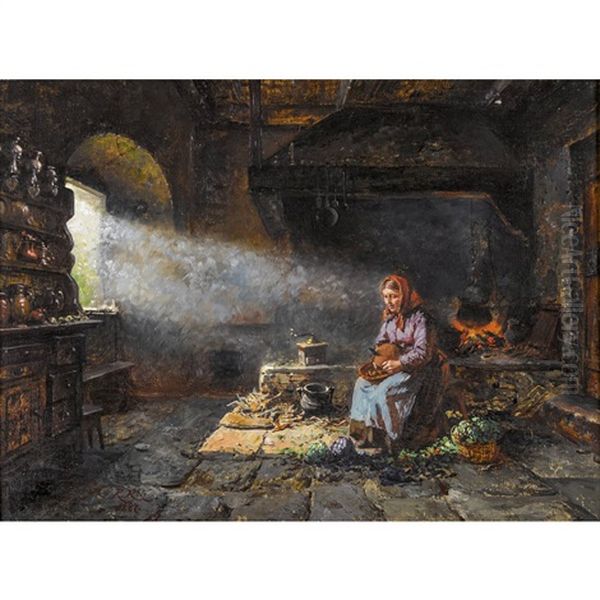 Kucheninterieur Mit Frau Beim Brotschneiden Oil Painting by Raphael Ritz