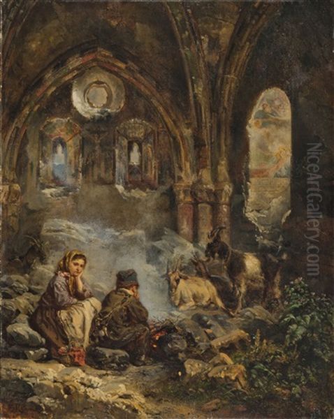 Hirtenkinder In Der Kapelle Von Schloss Tourbillon Bei Sitten Oil Painting by Raphael Ritz