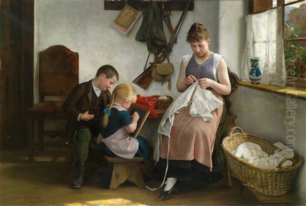 Idyllic Family Scene Oil Painting by Albert Ritzberger