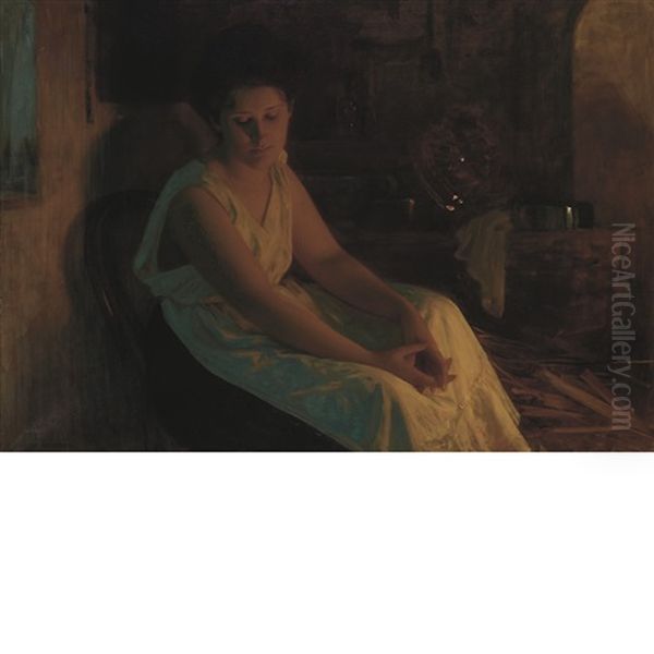 Woman By Firelight Oil Painting by Albert Ritzberger