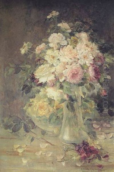 A Still Life Of Roses In A Glass Vase And Bowl On A Tabletop Oil Painting by Maria Louisa Riva Munoz