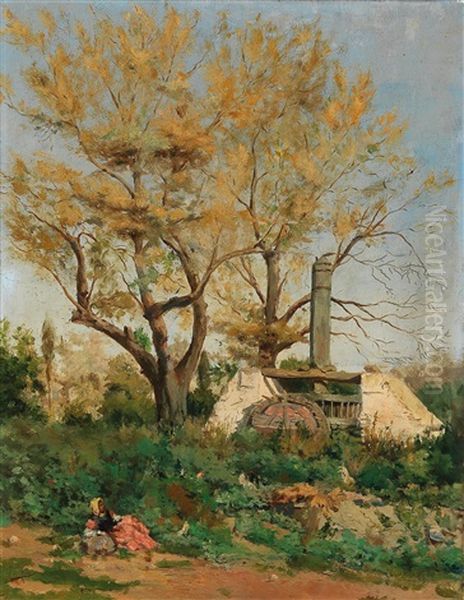 Short Rest With An Oil Mill In The Background Oil Painting by Giuseppe Amadio Riva