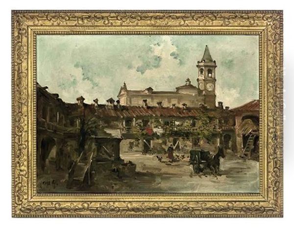 A Village Square Oil Painting by Guiseppe Riva