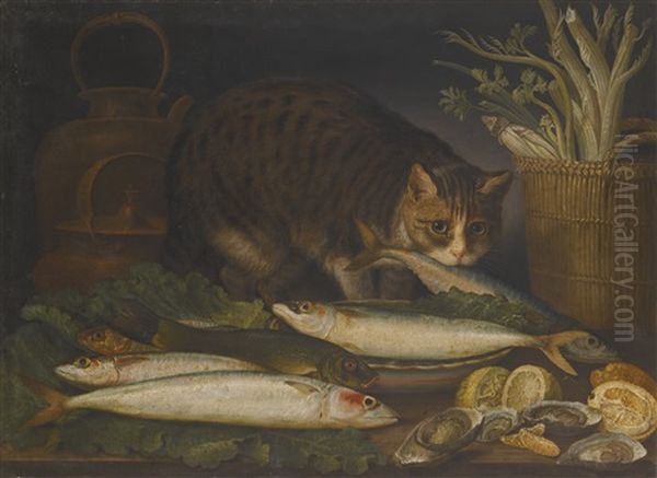 Still Life With A Cat And A Mackerel On A Table Top Oil Painting by Giovanni Rivalta