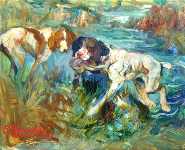 Giorno Di Caccia: Cani Con La Preda Oil Painting by Giuseppe Rivaroli