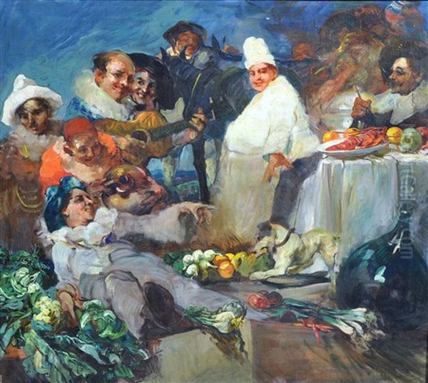 Pranzo In Maschera Il Rivaroli E Il Personaggio Seduto Al Tavolo A Destra Oil Painting by Giuseppe Rivaroli