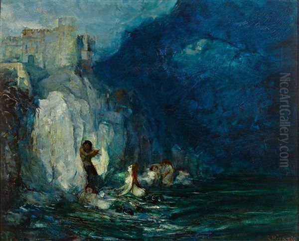 Faun Und Nymphen An Einer Steilkuste Mit Malerischer Burg Oil Painting by Giuseppe Rivaroli