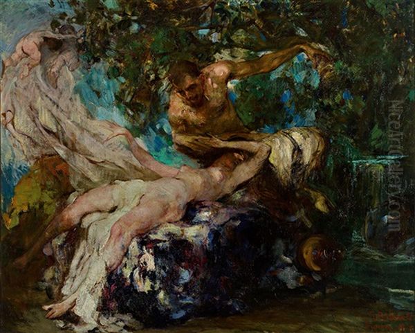 Mythologische Szene Mit Satyr Und Nymphe Oil Painting by Giuseppe Rivaroli