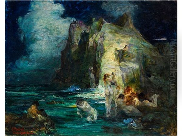 Symbolistisch-mythologische Szene Mit Darstellung Einer Lyra Spielenden Nymphe Zwischen Am Felsen Sowie In Einer Bucht Lagernden Figuren Oil Painting by Giuseppe Rivaroli