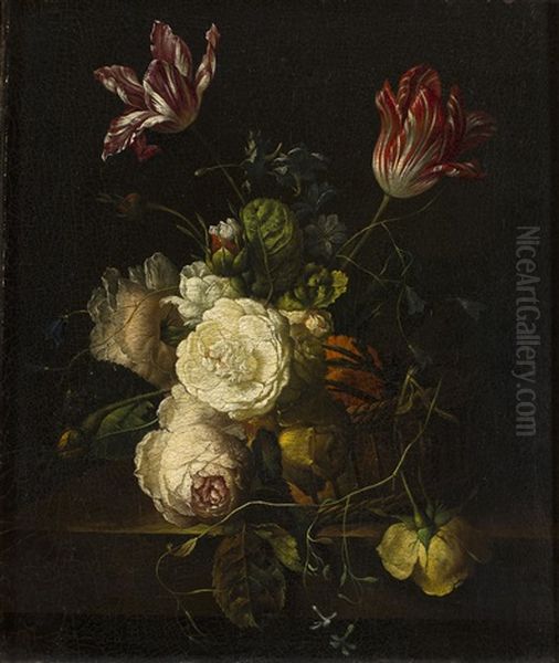 Florero Con Claveles, Rosas, Tulipanes Y Otras Flores Sobre Un Pedestal Oil Painting by Antonio Rivas