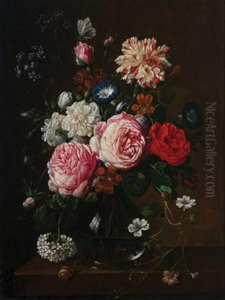 Still Life Of Roses, Carnations And Other Flowers On A Ledge Oil Painting by Antonio Rivas