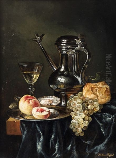 Still Life With Wine And A Peach Oil Painting by Antonio Rivas