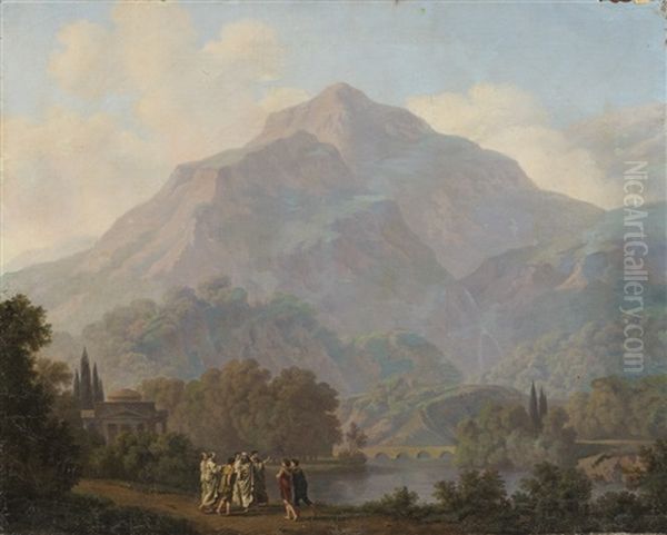 Site Compose Pris A Sallanches Par Une Matinee Vaporeuse Avec Un Petit Temple Au Bord De L'eau Et Des Druides Enseignant Des Jeunes Gens Oil Painting by Pierre Louis De La Rive