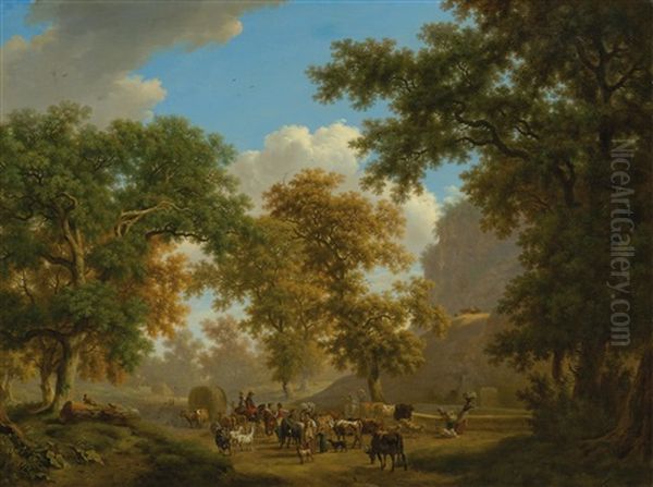 Chemin Anime Et Grand Abreuvoir Au Pied De Rochers Escarpes Oil Painting by Pierre Louis De La Rive