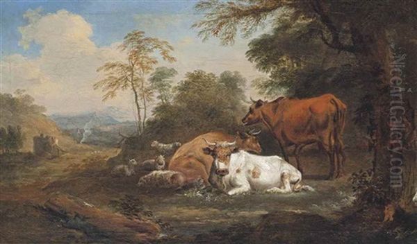 A Wooded Landscape With Cattle And Sheep Resting Oil Painting by Pierre Louis De La Rive