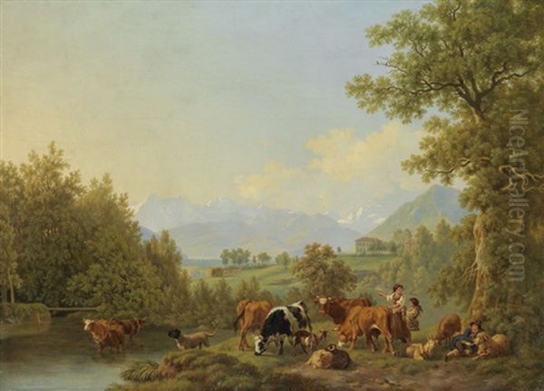 Pastorale Landschaft Mit Landsitz Eichberg Und Berner Alpen In Der Ferne Oil Painting by Pierre Louis De La Rive