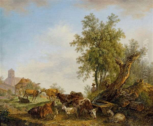 Repos D'animaux Pres D'une Fontaine Rustique Dans Les Alentours D'un Village Oil Painting by Pierre Louis De La Rive