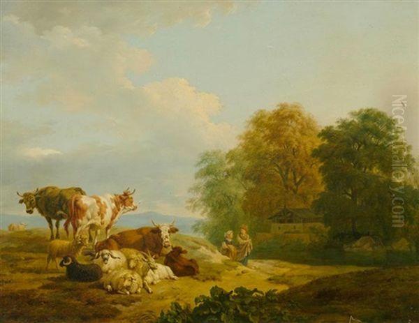 Landschaft Mit Tieren Und Zwei Figuren Oil Painting by Pierre Louis De La Rive