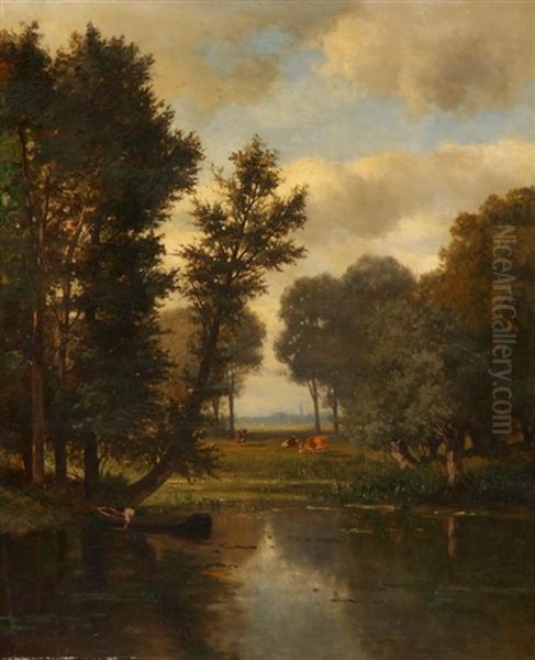 Waldlichtung Mit Weiher Und Kuhen Oil Painting by Pierre Louis De La Rive