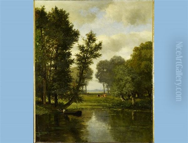 Forest Clearing With Pond And View To Church Tower Oil Painting by Pierre Louis De La Rive