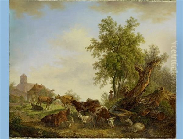 Cows In Front Of A Village Oil Painting by Pierre Louis De La Rive