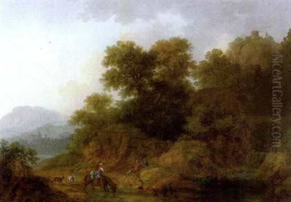 Felsige Bachlandschaft Mit Rastenden Personen Oil Painting by Pierre Louis De La Rive