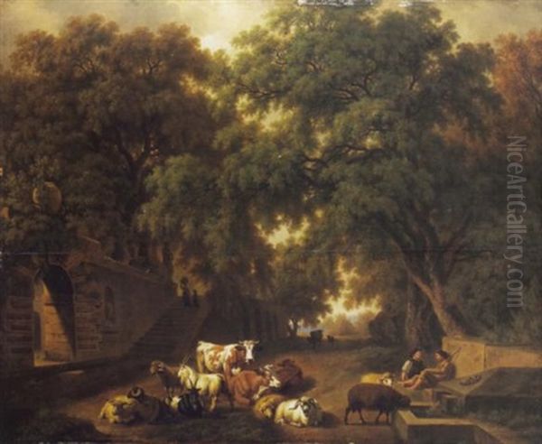 Idyllische Landschaft Mit Parkeingang Und Rastenden Hirten Mit Vieh Oil Painting by Pierre Louis De La Rive