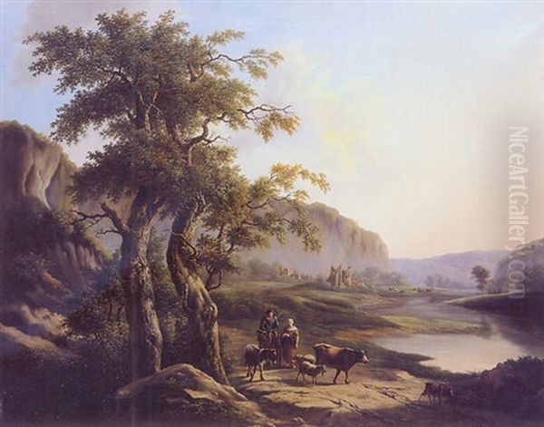 La Conduite Du Troupeau En Bord De Lac Oil Painting by Pierre Louis De La Rive