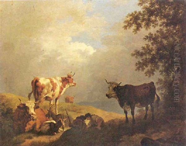 Bergers Et Vaches A La Montagne Oil Painting by Pierre Louis De La Rive