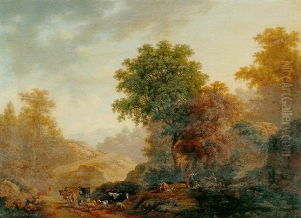 Landscape With A Shepherd, Goats, Sheep And Cattle Oil Painting by Pierre Louis De La Rive