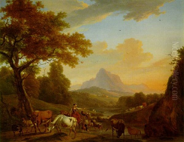 Italianate Landscape With Drovers, Cattle And Goats At A Ford Oil Painting by Pierre Louis De La Rive