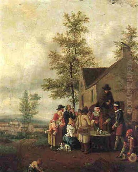 A Magician Performing To A Crowd Outside A Tavern Oil Painting by Pierre Louis De La Rive